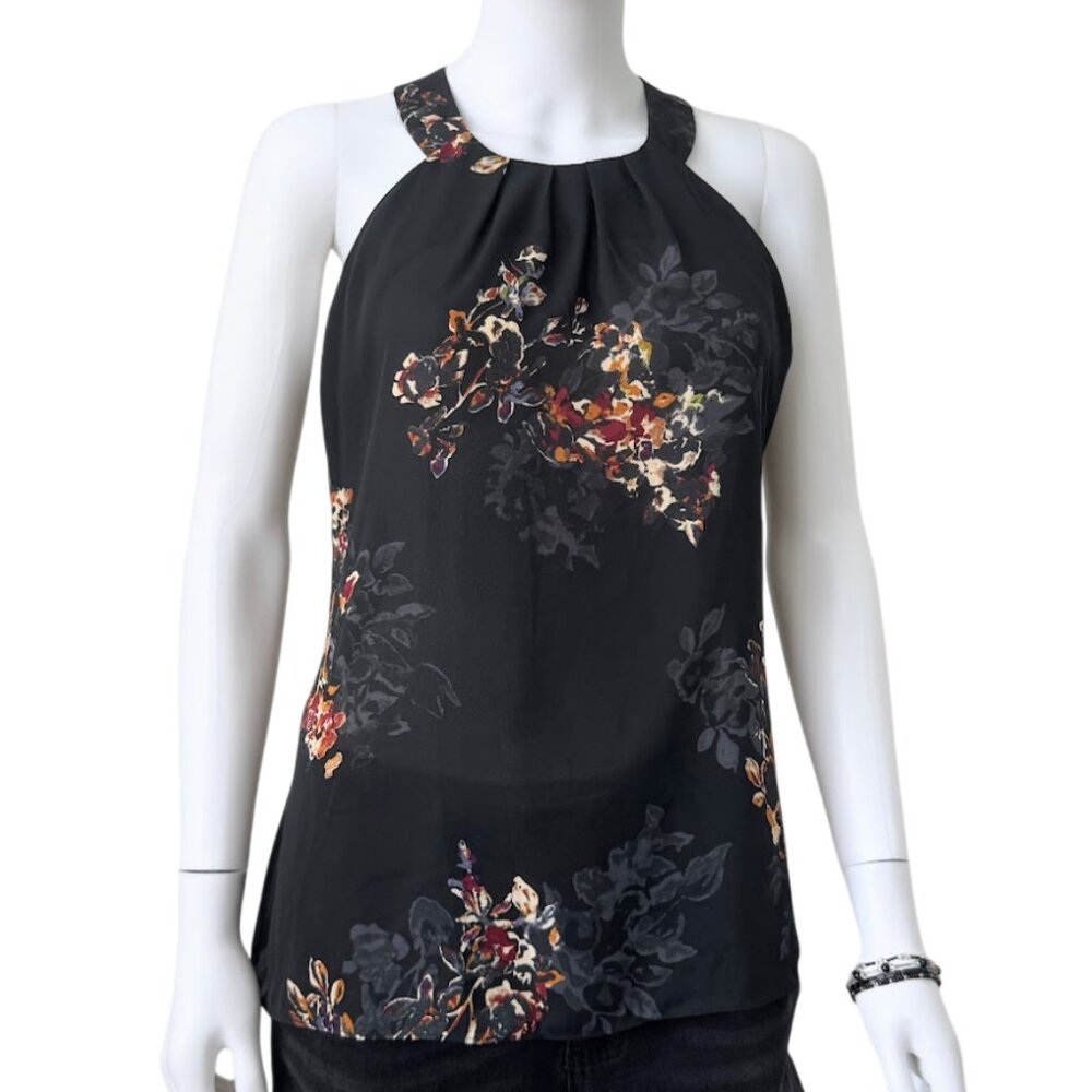 Black Floral Sleeveless Blouse Womens S Pleated Neck Lightweight Top